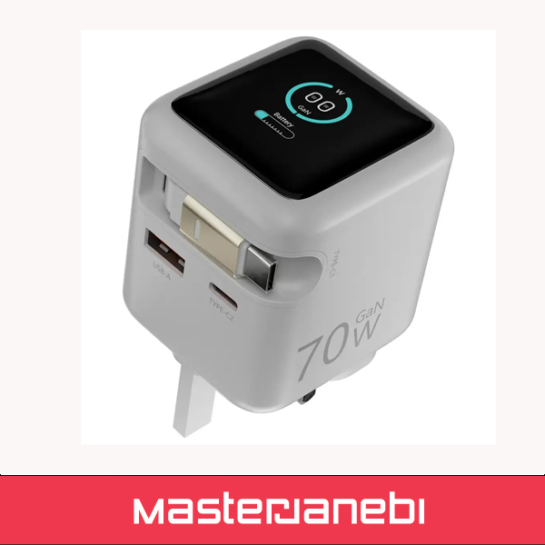 شارژر دیواری 70 وات پاورولوژی با کابل جمع شونده مدل PWCUQC051