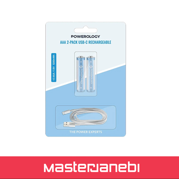 باتری قلمی پاورولوژی Powerology AA 2-Pack USB-C Rechargeable PWAA322 دو تایی