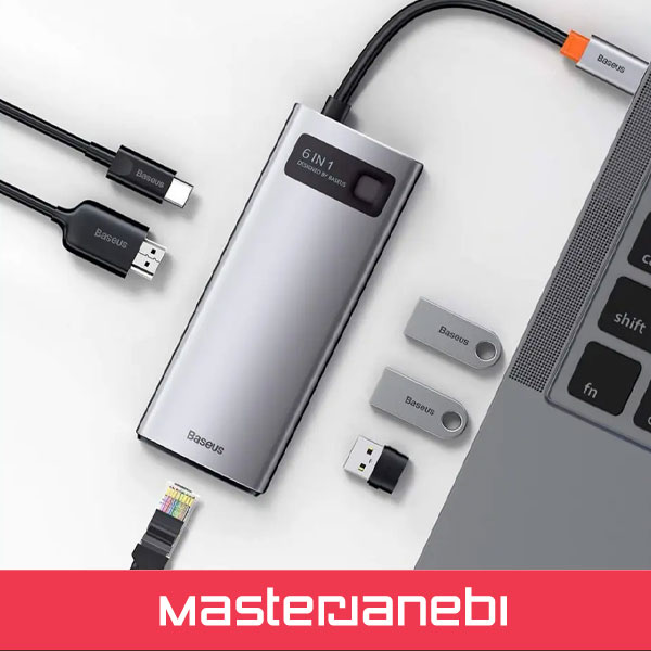 هاب شش پورت بیسوس Baseus Metal Gleam 6 in 1 Multifunctional Type-C HUB CAHUB-CW0G Baseus Metal Gleam 6 in 1 Multifunctional Type-C HUB CAHUB-CW0G