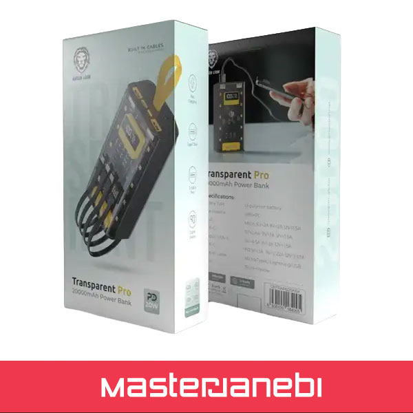 پاور بانک 20000 با کابل گرین لاین Green Lion Transparent Pro Power Bank GNTRAPB20KBK
