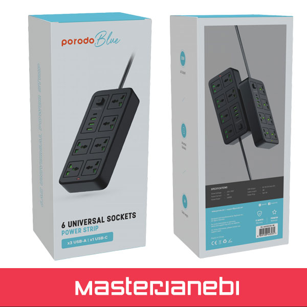 Porodo Blue 6 Sockets Power Strip 3M PB6ACPS1C3ABK