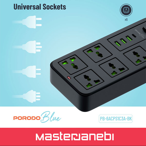 Porodo Blue 6 Sockets Power Strip 3M PB6ACPS1C3ABK