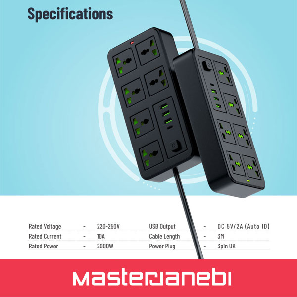 Porodo Blue 6 Sockets Power Strip 3M PB6ACPS1C3ABK